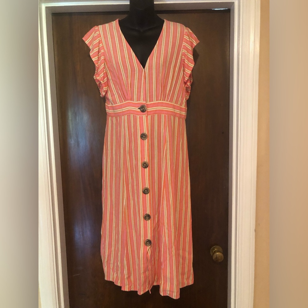 a.n.a Coral and Cream Striped Button-Front Dress